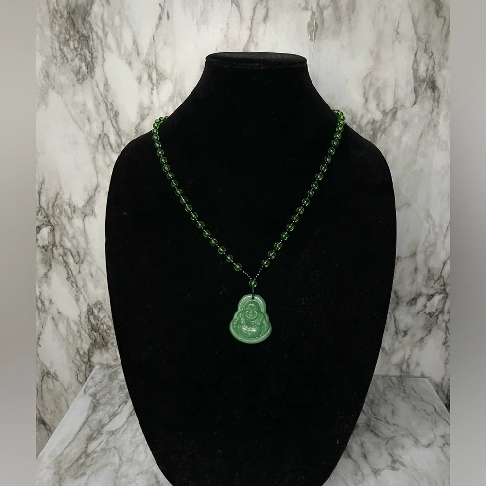 JADE Green Hand Carved Maitreya Buddah Pendant Necklace